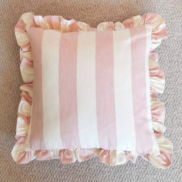 In stock designer Ian Mankin Cushion Cover Pale Pink Devon Stripe Handmade Ruffled and backed in a complimentary Neutral textile.