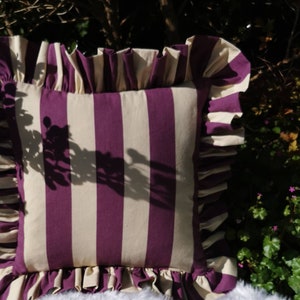 New Funky Fun on Trend Wide Stripe Ruffled Cushion Cover Purple and Dorset Cream image 4