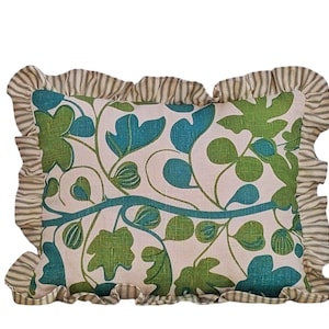 Handprint linen cushion by textile Designer Jess de Sallis figs in green handmade cover with sage ticking frill