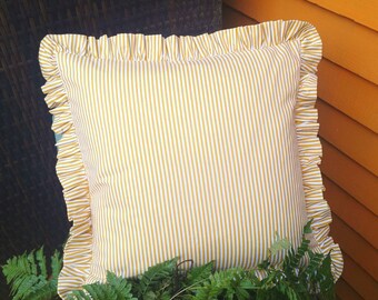 Mustard and White Ticking Stripe Handmade Ruffled Cushion Cover limited edition