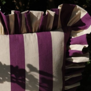 New Funky Fun on Trend Wide Stripe Ruffled Cushion Cover Purple and Dorset Cream image 5