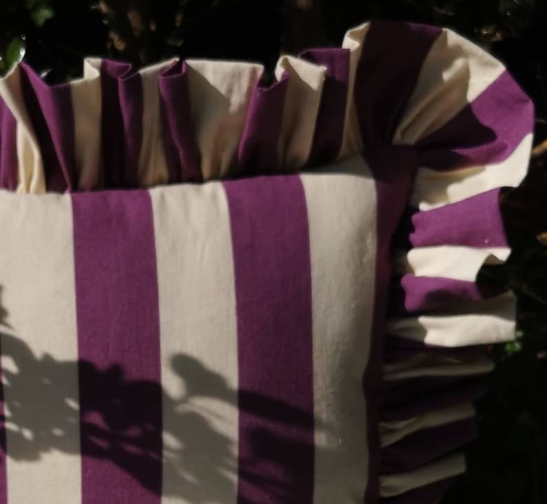 New Funky Fun on Trend Wide Stripe Ruffled Cushion Cover Purple and Dorset Cream image 5