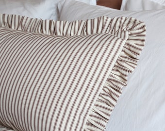 Newly launched Our Designer Ian Mankin Ticking Stripe luxurious Extra long ruffled  Brown and Ivory Cotton cushion Cover