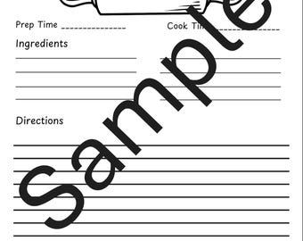 May include: A black and white printable recipe card with a rolling pin, a whisk, and a spatula. The card has sections for the name of the dish, prep time, ingredients, directions, and difficulty level.