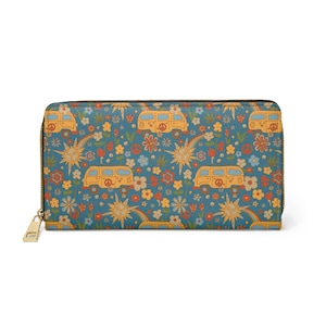 Cartera con cremallera - Clutch - Monedero - Estampado de cuadros de bebé - Furgoneta retro de los años 60 y 70 - Paz y amor - Furgoneta hippie