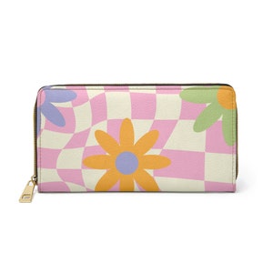 Groovy Pink Checkers and Flowers - Estilo Y2K - Cartera con cremallera - Cartera de mujer - Embrague - Titular de la tarjeta de crédito