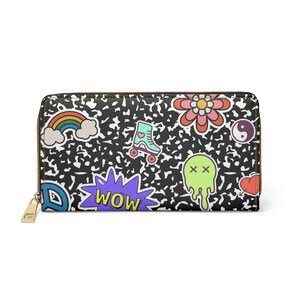 Carteira com zíper - Caderno de composição - Design de adesivo - Nostalgia dos anos 90 - Bolsa - Clutch