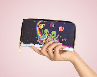 Zipper Wallet  - Aliens in Space - Rainbow - 90s Nostalgia -Y2K - Woman&#39;s  Wallet - Clutch - Credit Card Holder