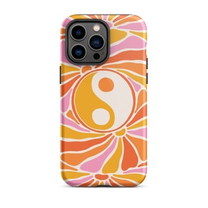 Tough iPhone 14+ Max Case - Groovy Pink & Orange Yin Yang - 60s 70s Vibes - Funda para teléfono