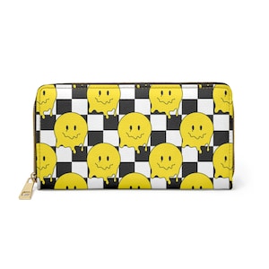 Cartera con cremallera - Embrague - Monedero - Trippy Yellow Smiley Faces - Estilo Y2k - 90s Kid