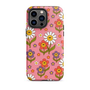 Coque robuste pour iPhone® 14 Plus Max - Motif Flower Power Groovy Vibes - Smiley