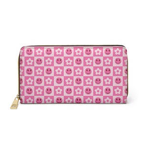 Cartera con cremallera - Embrague - Monedero - Prink Groovy Baby Checkers Pattern - Retro Y2k - Smiley Faces Flowers