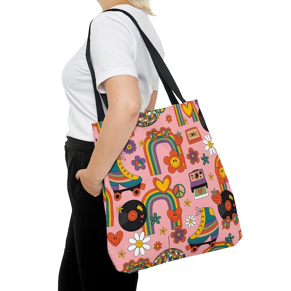 Groovy 60s 70s Disco Rainbow - AOP Large Tote Bag - Vinyle - Smiley Face Flowers