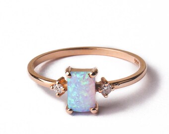 Radiant Opal and Diamond Ring, Unique Opal Ring, Stacking 14k Opal Ring, Genuine Opal and Diamond Ring, Natural Opal Ring, Delicate Opal