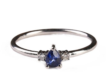 Real Solid Gold Sapphire Dainty Stackable Ring, Diamond Sapphire Ring, Real Gold Sapphire Statement Delicate Thin Band Ting, Gift for Her