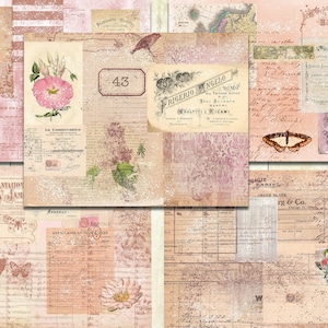 May include: A digital collage sheet with a pink and white color scheme. The sheet features various vintage-inspired designs, including floral patterns, handwritten text, and a map. The text on the sheet includes "La Conservatrice", "Frigerio Angelo", and "Merletti e Ricami".