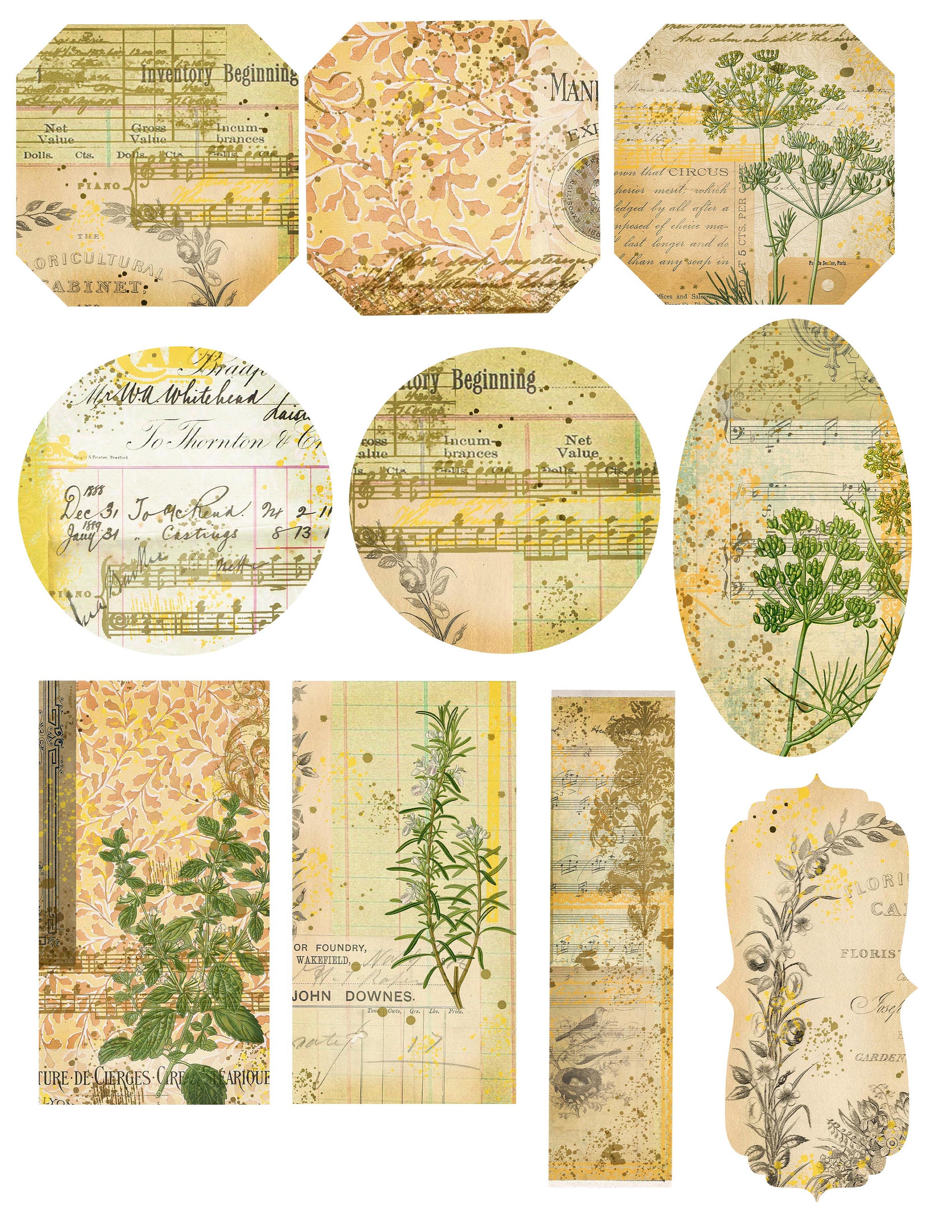 Yellow Ephemera Collage Tags, Digital Download, Printable Tags, Vintage ...