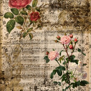 May include: Vintage sheet music with faded ink and a floral design featuring pink and red roses. The music sheet has a grunge aesthetic with splattered paint and a distressed look.