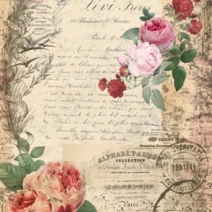 May include: A vintage floral design with pink and red roses, green leaves, and a handwritten text overlay. The text includes the words "Levi Fr&egrave;res" and "Parisle 9".