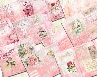 May include: A collection of 12 digital papers featuring a pink and white color scheme with floral designs, handwritten text, and vintage-inspired elements. The papers are perfect for scrapbooking, card making, and other paper crafts.