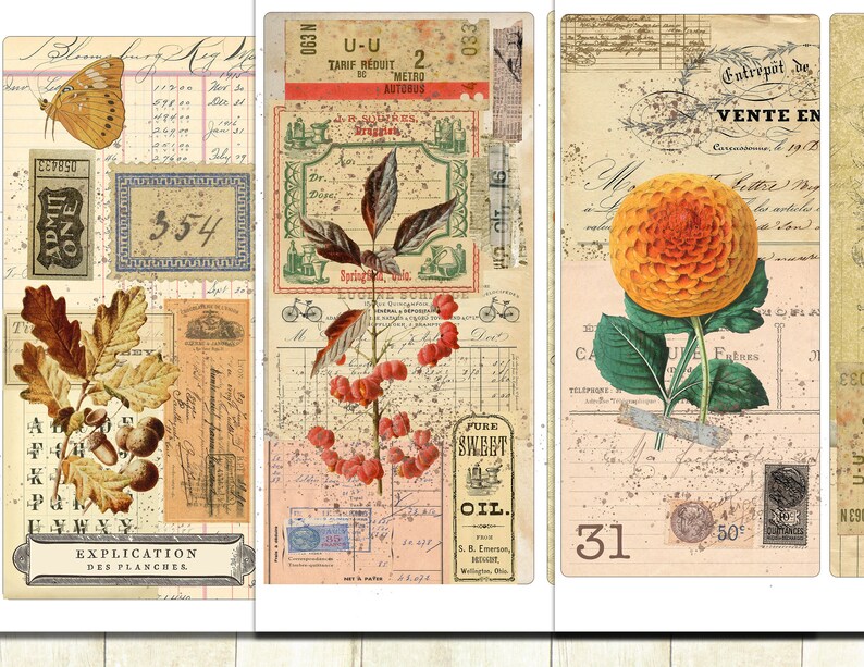 May include: Three vintage style scrapbook paper designs with a collage of images including a butterfly, acorns, leaves, flowers, and text. The text includes "EXPLICATION DES PLANCHES", "TARIF R&Eacute;DUIT", "VENTE EN", and "PURE SWEET OIL".