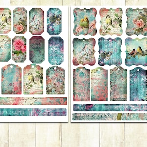 Kit diario di San Valentino con uccelli vintage, etichette stampabili, materiale effimero sugli uccelli, download digitale, kit diario primaverile, materiale effimero diario stampabile.