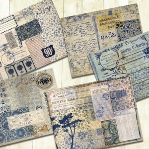 May include: A collection of vintage ephemera featuring blue and white floral patterns, handwritten text, and old labels. The ephemera includes a label for "Manhattan Silk Sewing Silk", a label for "Galeries S-Martin", and a label for "Parfumerie."