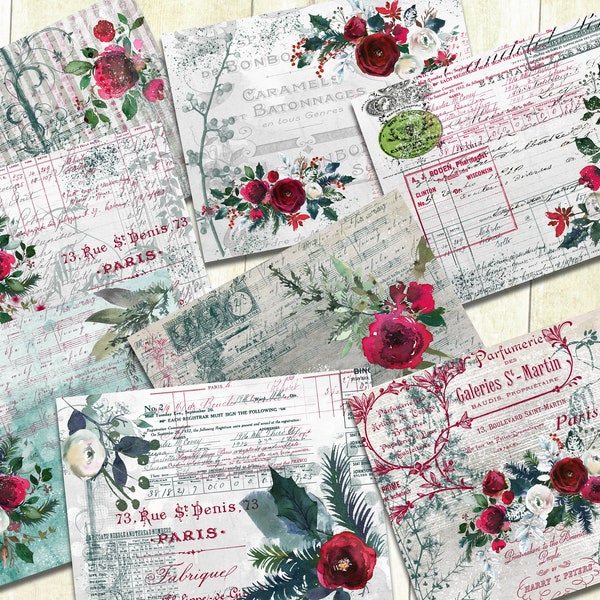 Christmas Rose Printable Papers, Christmas Junk Journal Digital Download, Red Roses Christmas Printable Papers, Vintage Christmas Printable.