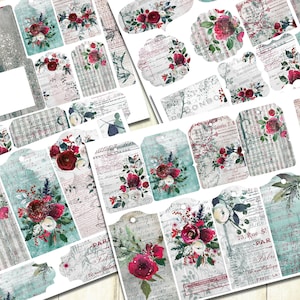Christmas Roses Junk Journal Kit, Printable Tags, Digital Christmas Kit, Red Roses Printable, Junk Journal, Vintage Christmas Images.