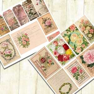 May include: A set of vintage floral digital papers featuring roses, music sheets, and old-fashioned tags. The papers are perfect for scrapbooking, card making, and other crafting projects.