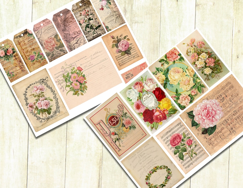 May include: A set of vintage floral digital papers featuring roses, music sheets, and old-fashioned tags. The papers are perfect for scrapbooking, card making, and other crafting projects.