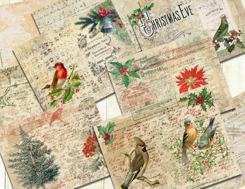 Vintage Christmas Birds Junk Journal Papers, Digital Printable, Birds ...