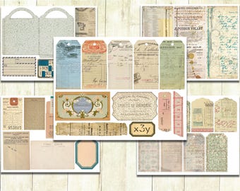 Vintage Junk Journal Kit, Printable Tags, Tickets and Labels, Digital Download.