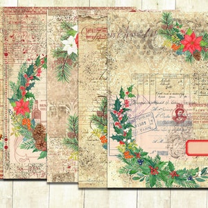 Christmas Garlands with Poinsettias, Red and Green Christmas Journal  Papers, Collage, Junk Journal Papers.