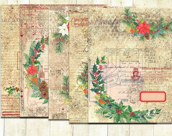 Christmas Garlands with Poinsettias, Red and Green Christmas Journal  Papers, Collage, Junk Journal Papers.