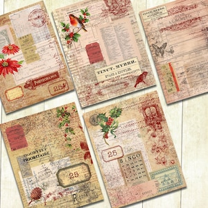 Shabby Vintage Christmas Junk Journal Papers, A4 Christmas Collage Papers, Digital.