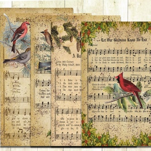 Pájaros navideños vintage y papeles musicales, descarga digital, manuscrito musical con pájaros navideños, papeles imprimibles.