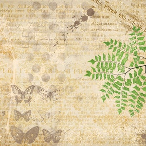 May include: A vintage background with a faded newspaper clipping, musical notes, and a green fern branch. The newspaper clipping has the text "All Paper and Ceiling Decoration" and "No. 9 West Main Street".