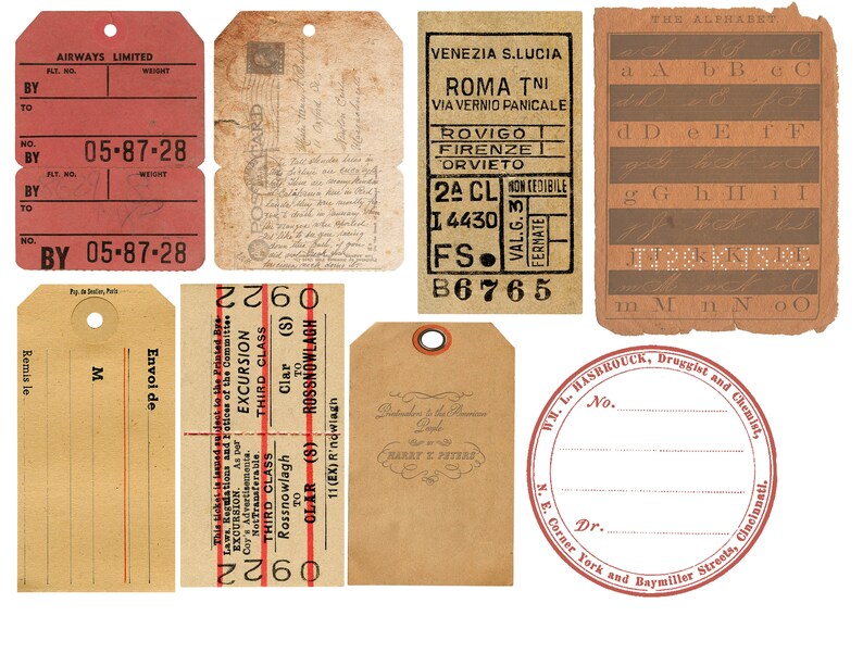 May include: A collection of vintage luggage tags and labels. The tags are made of paper and have a distressed look. Some of the tags have handwritten text, while others have printed text. The tags are in various colors, including red, brown, and white.