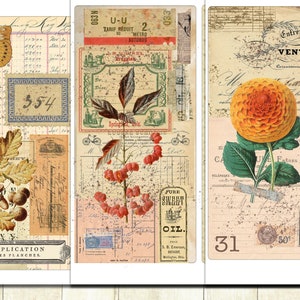 May include: Three vintage style scrapbook paper designs with a collage of images including a butterfly, acorns, leaves, flowers, and text. The text includes "EXPLICATION DES PLANCHES", "TARIF R&Eacute;DUIT", "VENTE EN", and "PURE SWEET OIL".
