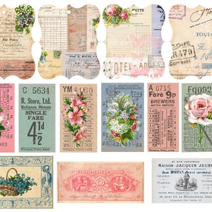 Skräpjournalskit med vintageblommor, utskrivbara etiketter och efemera, etiketter med blomsterjournal, digital nedladdning, shabby journal-kit, vintageblommor. bild 3
