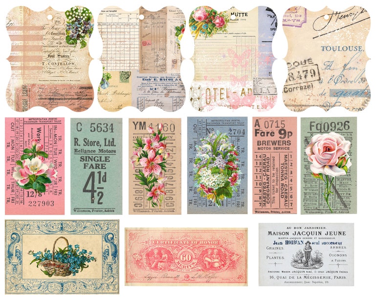 Skräpjournalskit med vintageblommor, utskrivbara etiketter och efemera, etiketter med blomsterjournal, digital nedladdning, shabby journal-kit, vintageblommor. bild 3