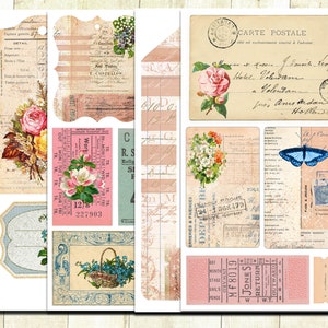 Skräpjournalskit med vintageblommor, utskrivbara etiketter och efemera, etiketter med blomsterjournal, digital nedladdning, shabby journal-kit, vintageblommor. bild 2
