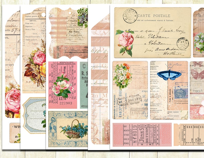 Skräpjournalskit med vintageblommor, utskrivbara etiketter och efemera, etiketter med blomsterjournal, digital nedladdning, shabby journal-kit, vintageblommor. bild 2