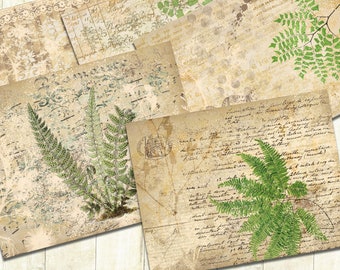 May include: A digital collage of vintage paper textures with hand-drawn ferns in shades of green. The paper has a distressed, aged look with handwritten text and faded ink.