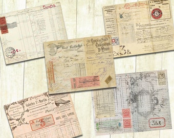 May include: A collection of vintage-style paper receipts and invoices with handwritten text and decorative elements. The receipts feature various businesses, including a shoe store, a perfume shop, and a bingo hall. The papers are aged and have a distressed look, with faded ink and torn edges.