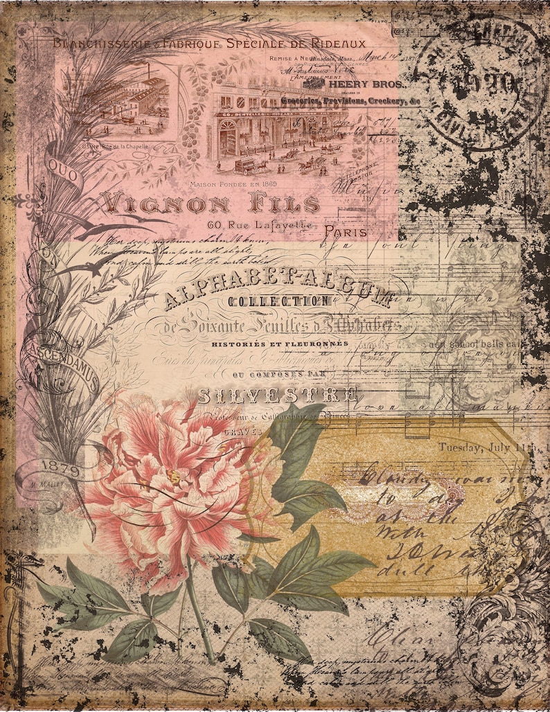 May include: A vintage-style image with a floral design, featuring a large pink peony flower with green leaves. The background includes a faded, textured paper with handwritten text in French, including the words "Alphabet Album" and "Vignon Fils".