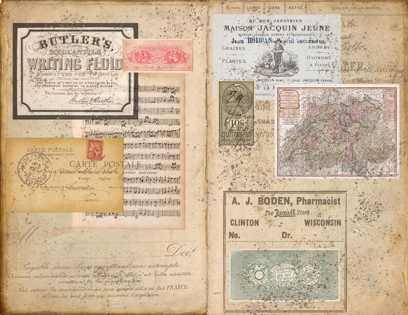 Junk Journal Printable Papers, Vintage Ephemera Collage, Double Pages ...