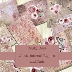 Dusty Rose Junk Journal Kit, Soft Pink Printable Papers and Tags, Vintage Papers, Digital Download, Tags and Ephemera, Rose Papers, Journal