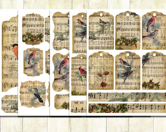 Vintage Christmas Birds with Music Journal Kit, Music Manuscript with Birds Printable Tags and Labels, Christmas Music Tickets, Digital.